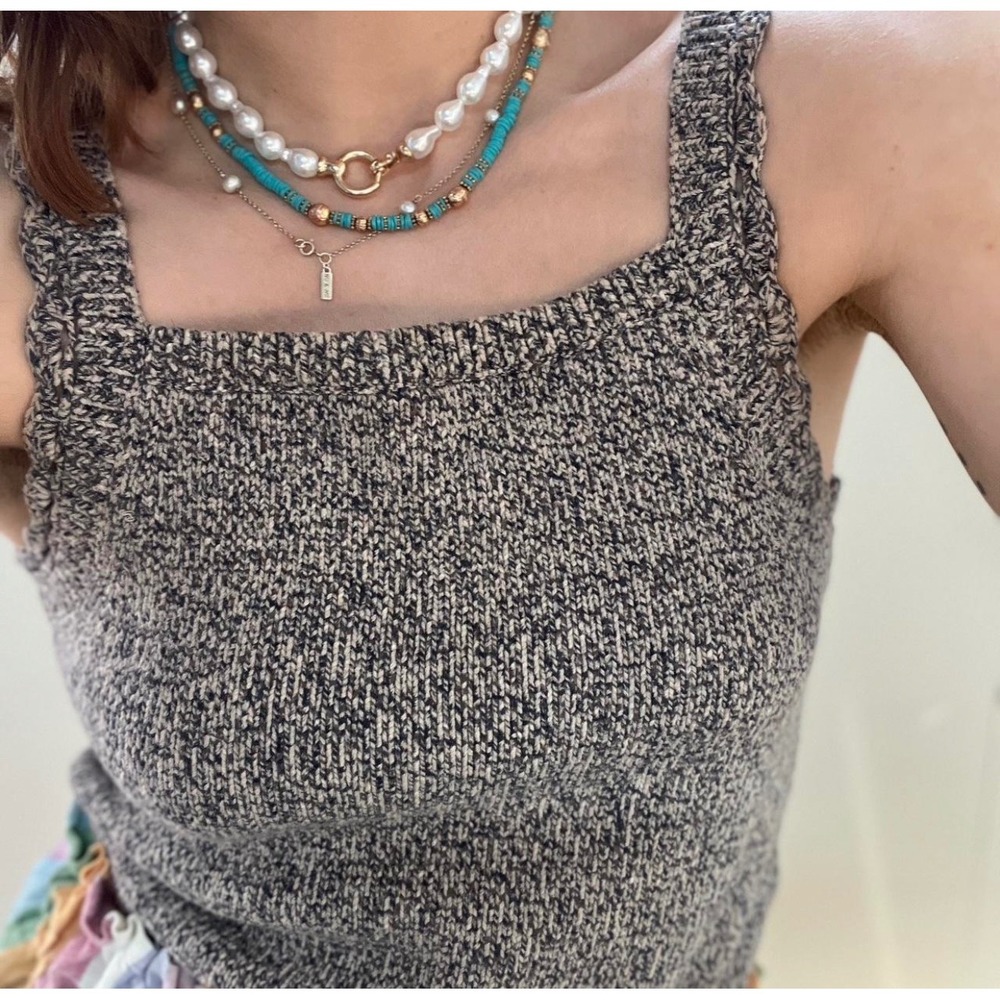 Sezane La Maille Knit Tank Top Marled Tan Navy Blue Square Neck Camisole Small